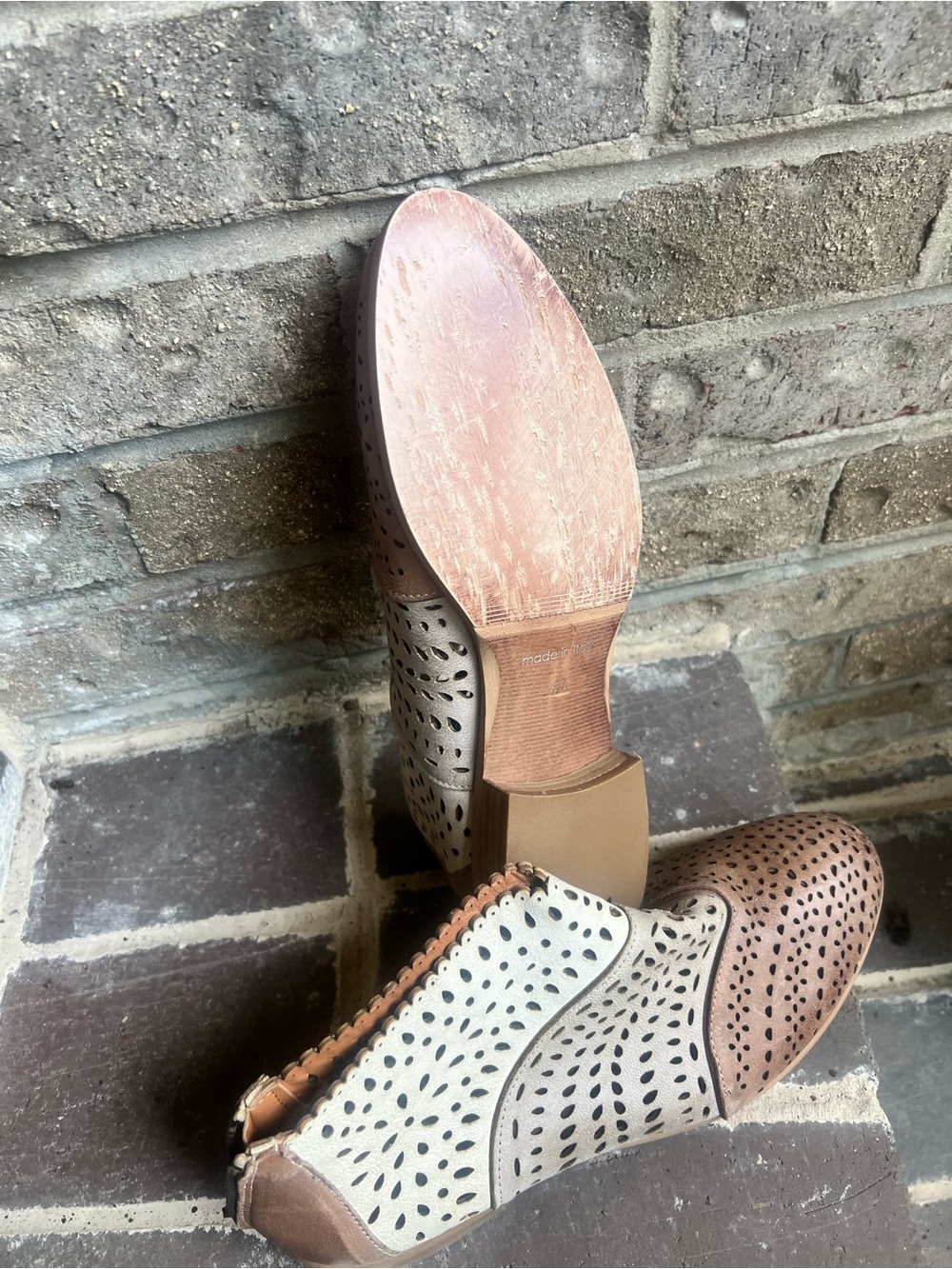Sundance Two-Tone Perforated Ankle Booties in Cream & Brown - Picture 3 of 5